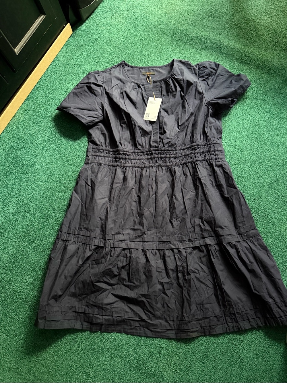 Quince Women’s Navy Short-Sleeve Tiered Cotton knee High Dress